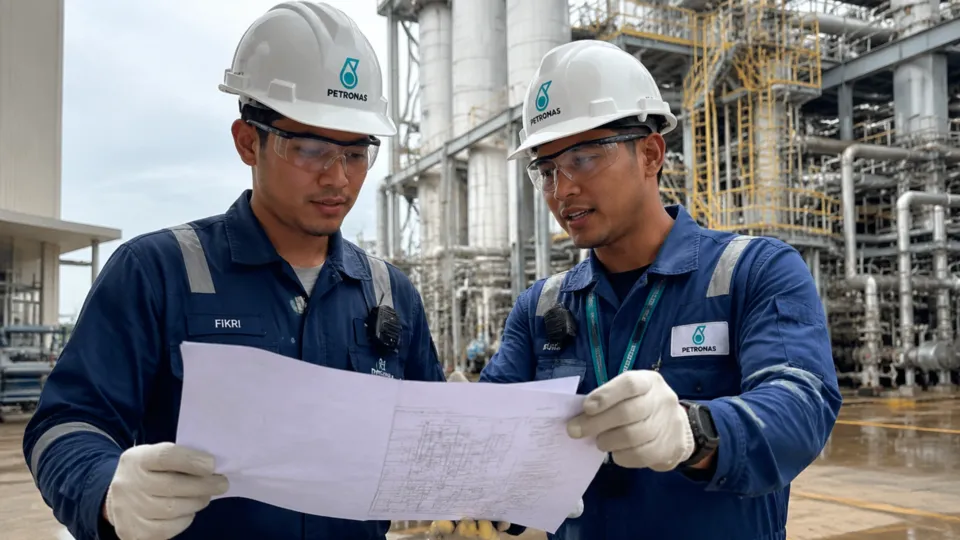 Engineers reviewing technical plans in an industrial workplace