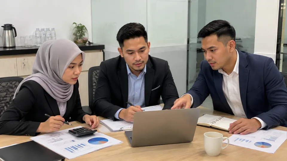Finance professionals reviewing figures in a business meeting