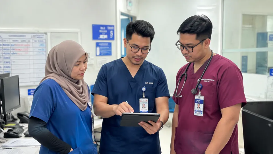 Healthcare professionals discussing patient care in a clinical setting