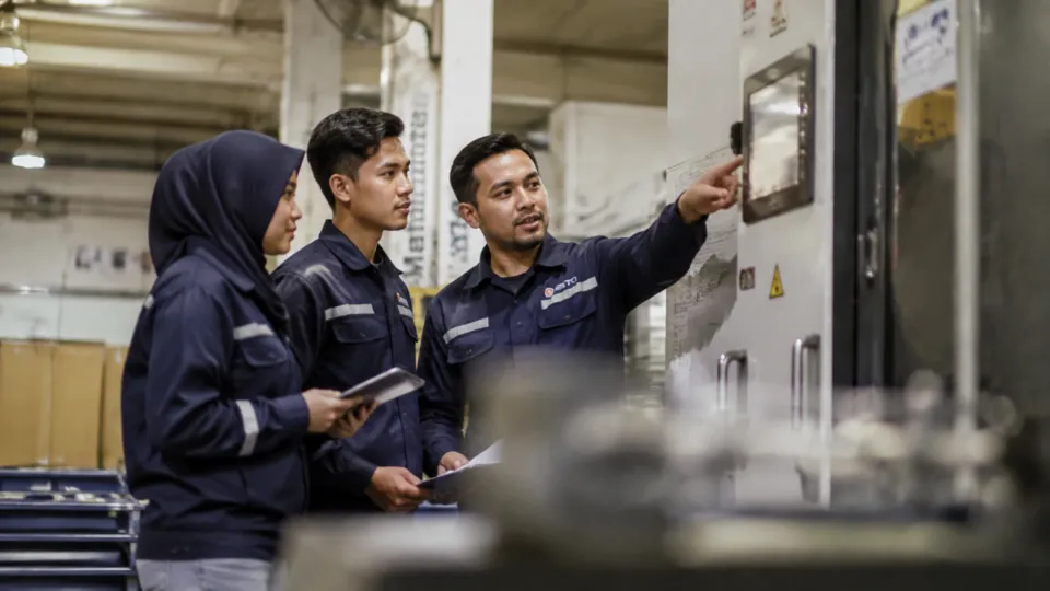 Engineers inspecting equipment in a modern production environment