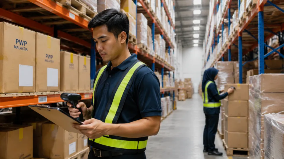 Warehouse workers checking inventory in a distribution facility