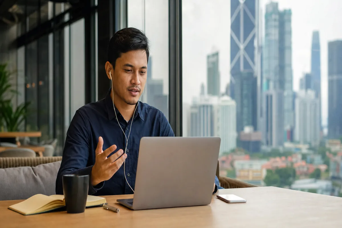 Malaysian professional in an online meeting at a Kuala Lumpur workspace